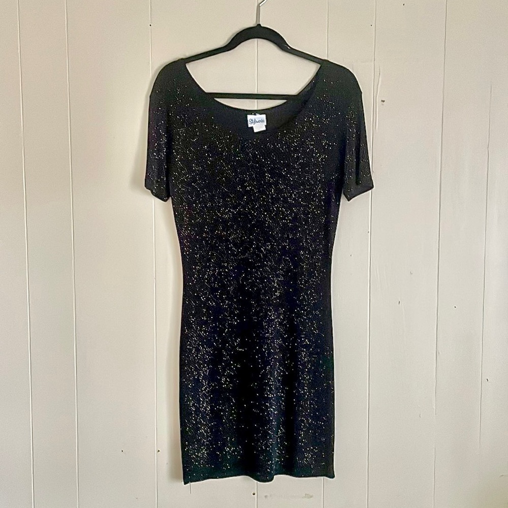 Vintage 80s Shimmer Black Micro Gemstone Lycra Bodycon Mini Dress Size Small